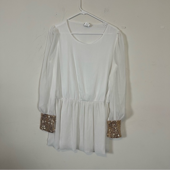 Charming Charlie Tops - Charming Charlie white blouse with gold sequin cuffs on long sleeve large ladies